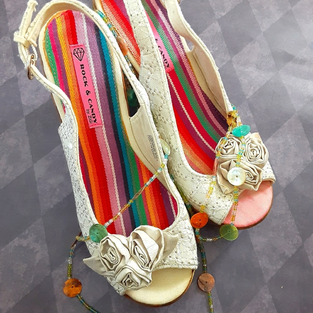 Fabric open toe wedges